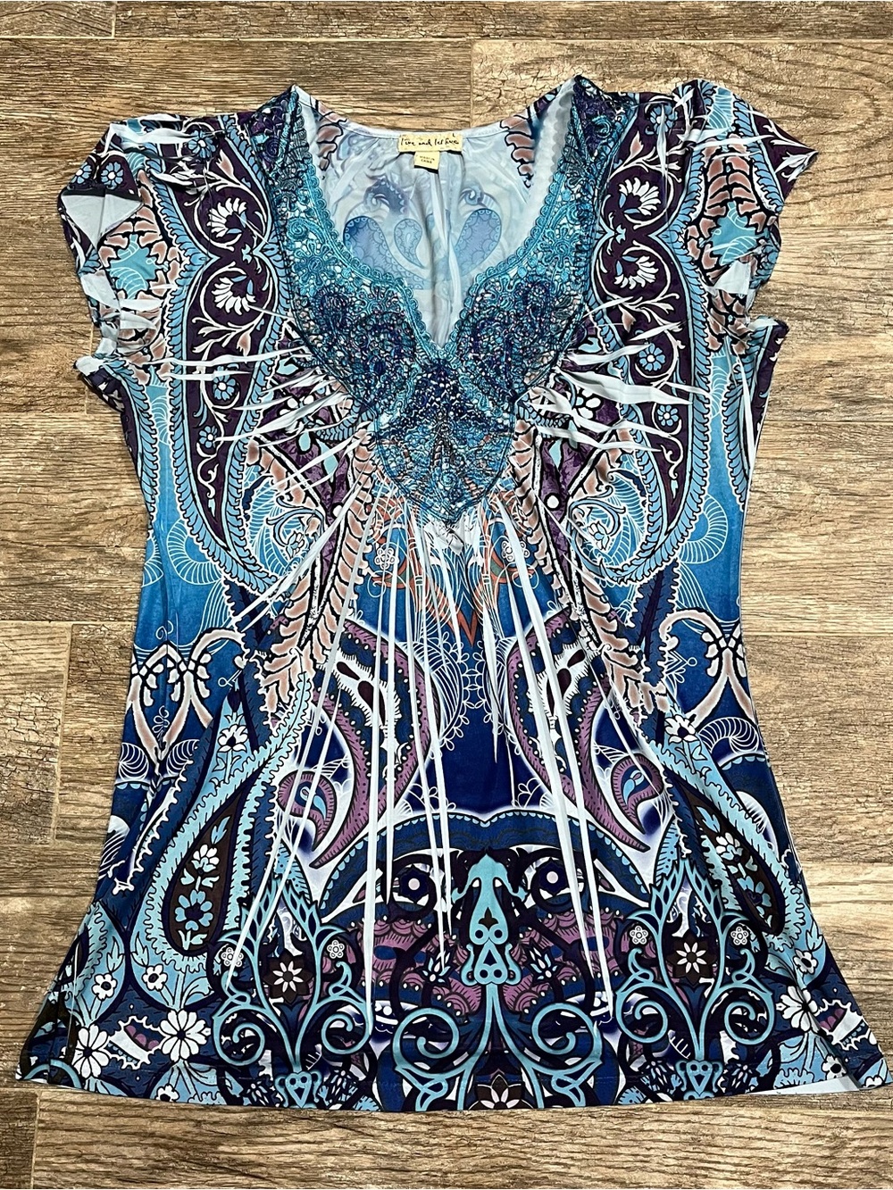 Blue Paisley V-Neck Embellished Women's Top